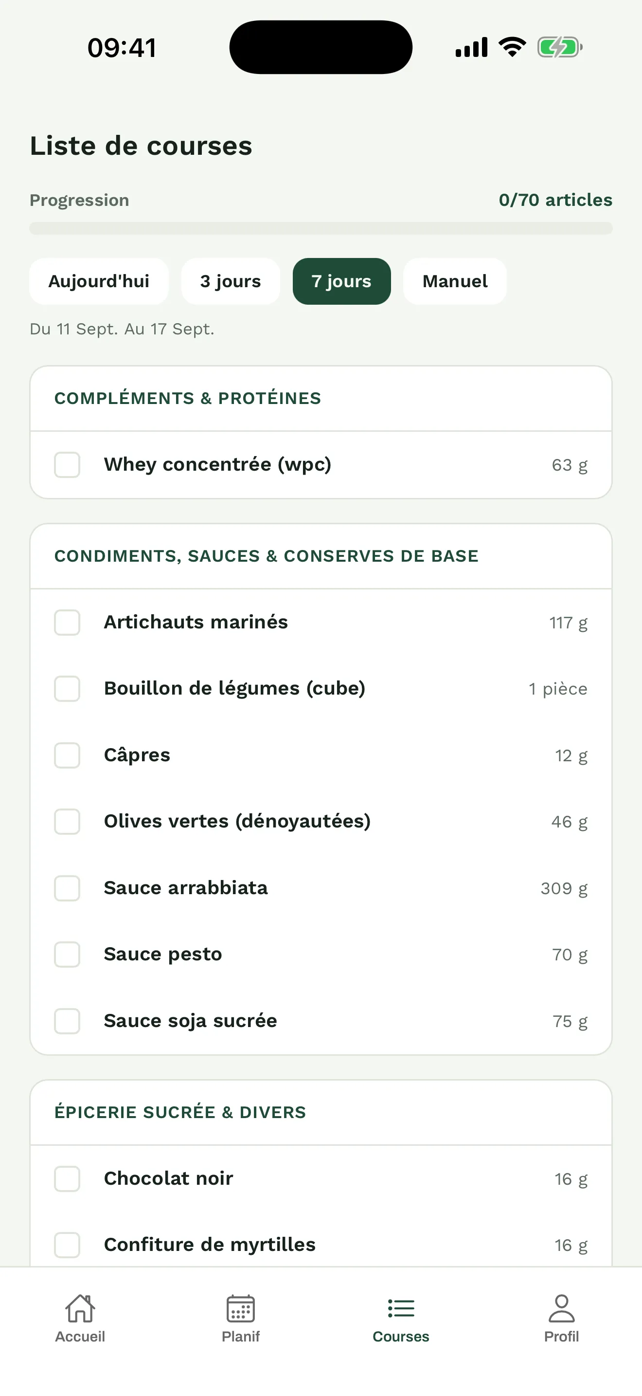 Liste de courses Kataro rangée par rayon, avec les quantités