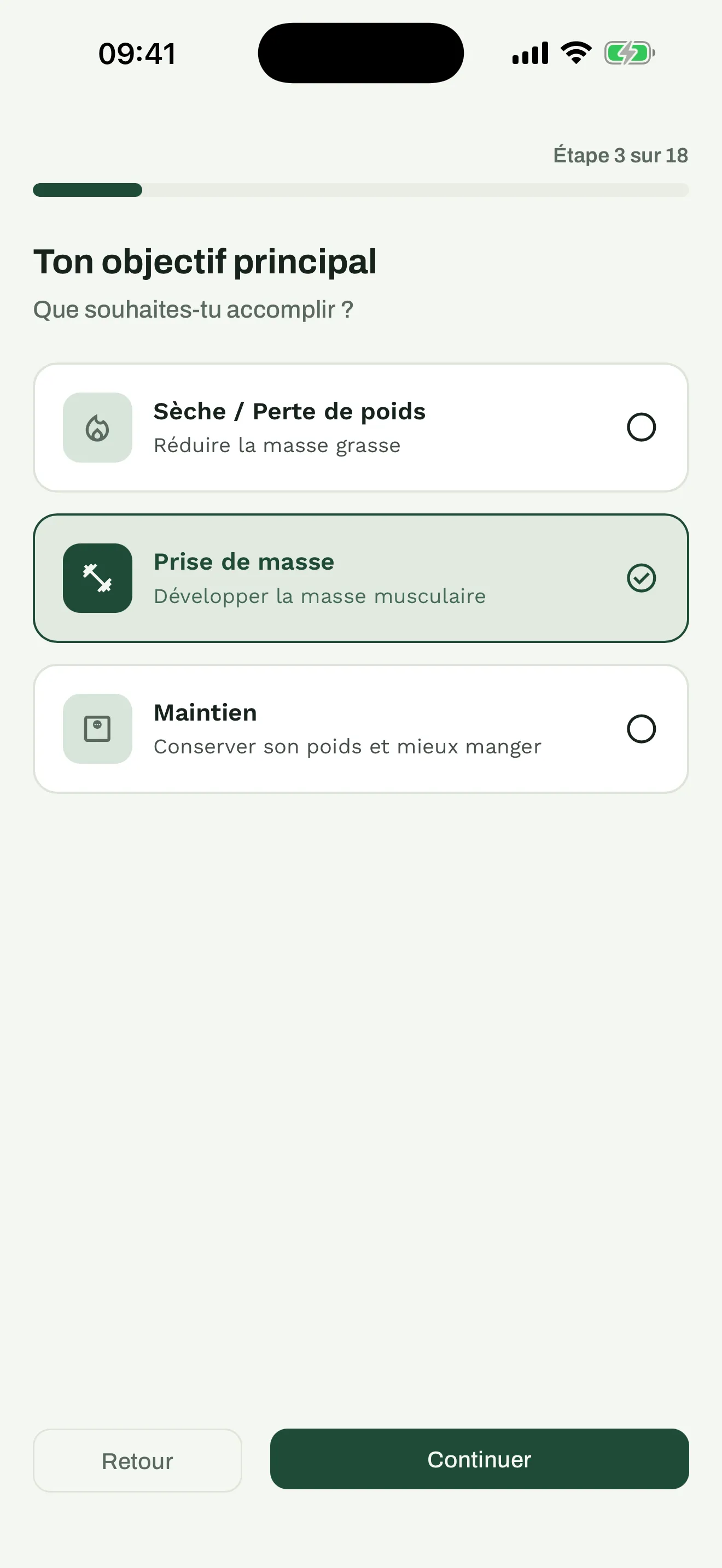 Onboarding Kataro : choix de l'objectif principal, prise de masse sélectionnée
